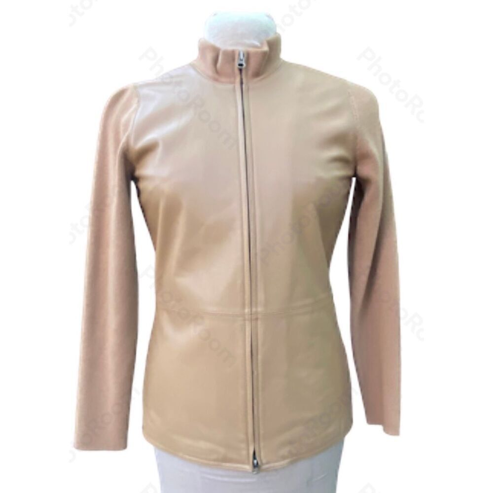 Birch Hill Leather & Merino Wool Full Zip Sweater/Jacket Cardigan Sz S Tan